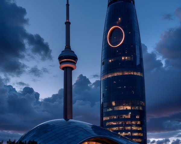Skyline at Dusk with Two Iconic Towers and Sunset Colors