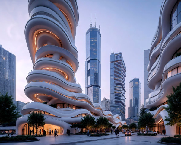 Futuristic Urban Landscape with Wave-like Building Design