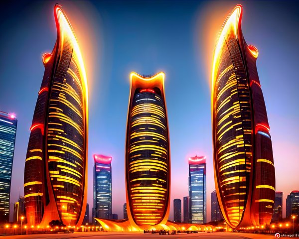 Futuristic skyscrapers with dynamic flame-like designs