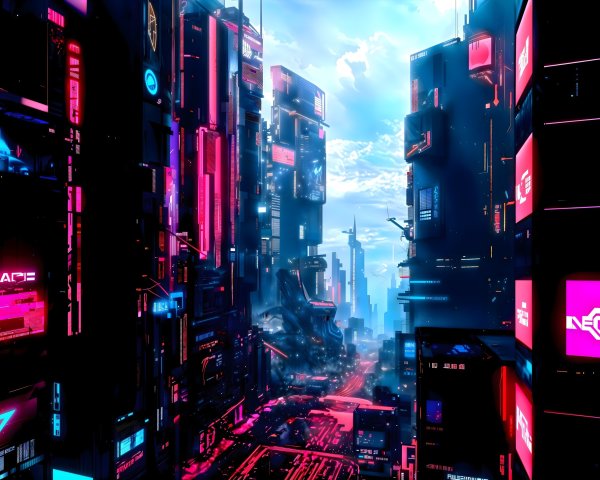 Futuristic Cityscape with Neon Lights and Skyscrapers