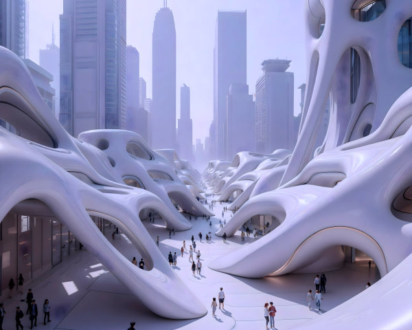 Futuristic cityscape with organic architectural forms
