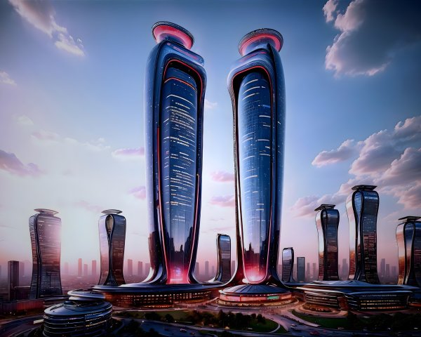 Futuristic Cityscape with High-Rise Towers and Sunset