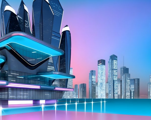 Futuristic cityscape with sleek skyscrapers at dusk