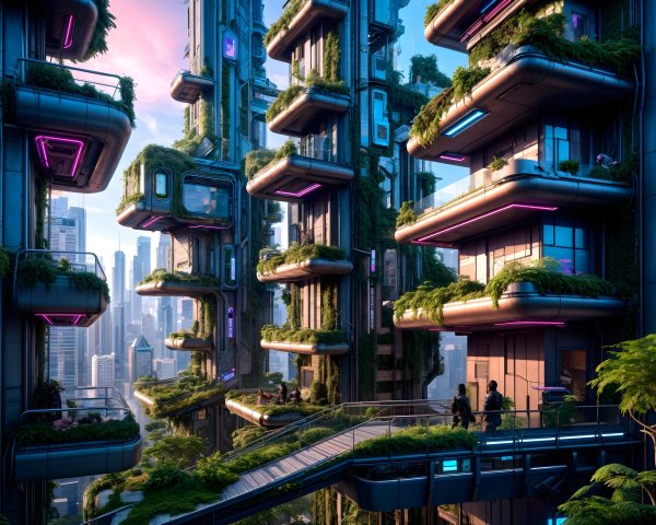 Futuristic Urban Scene with Greenery and Neon Lights