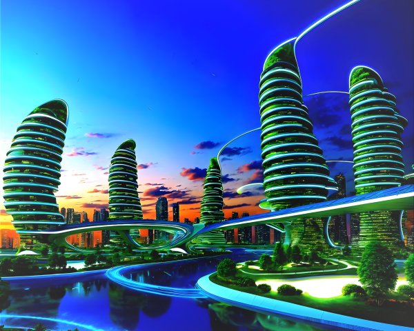 Futuristic Fantasy Landscape with Spiral Green Buildings