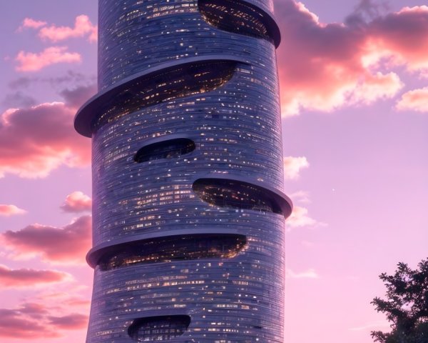 Modern Sculpture with Skyscraper and Sunset Background