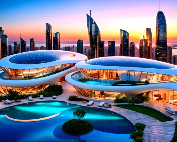 Futuristic Skyline at Sunset with Curvilinear Architecture
