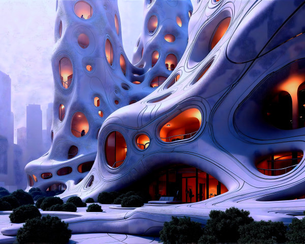 Futuristic Building with Organic Design and Lighting