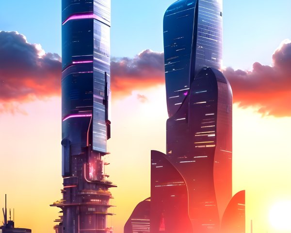 Futuristic skyline with innovative skyscrapers at sunset