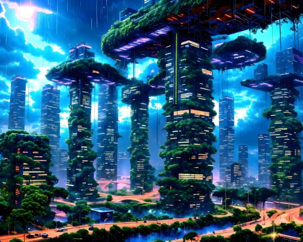 Futuristic cityscape with skyscrapers and greenery
