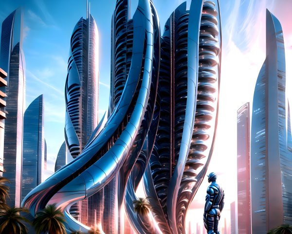 Futuristic cityscape with twisted skyscrapers and palm trees