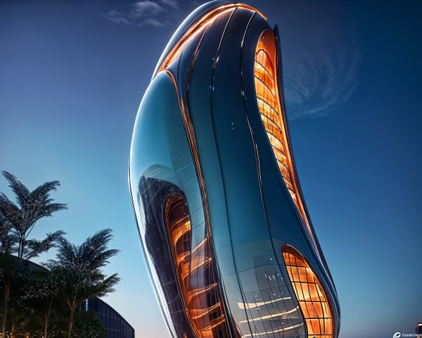 Futuristic Skyscraper with Organic Design at Twilight