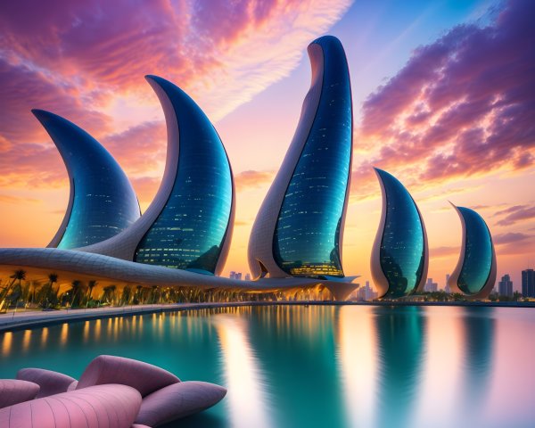 Futuristic Buildings at Sunset with Reflective Glass