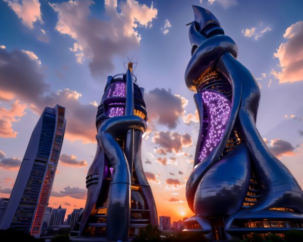 Futuristic Towers with Dynamic Facades at Sunset