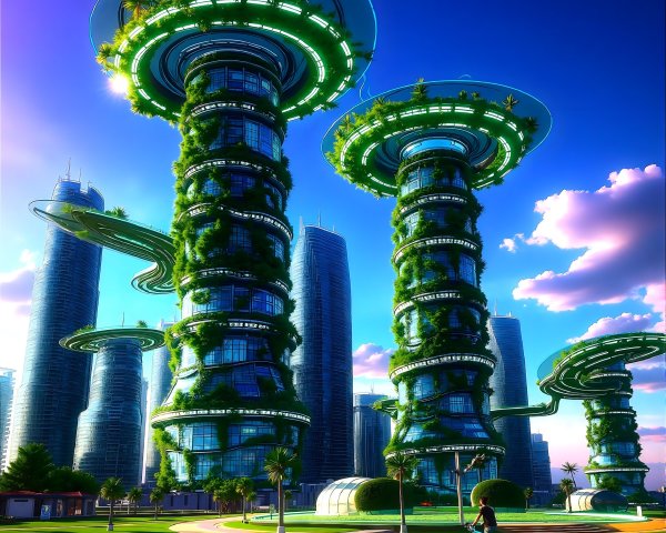Futuristic cityscape with eco-friendly skyscrapers