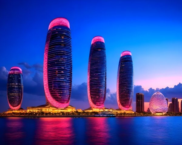 Twilight Skyline with Unique Skyscrapers and Reflections