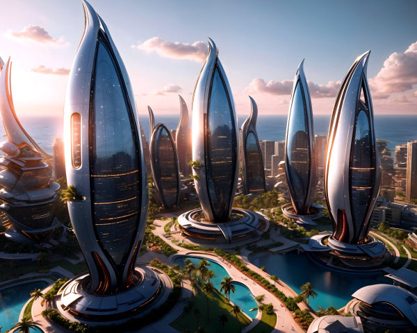 Futuristic Cityscape with Organic Architecture and Nature