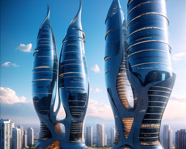 Futuristic Skyscrapers with Organic Designs and Glassy Surfaces