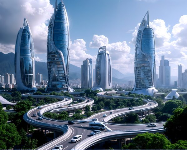 Futuristic cityscape with skyscrapers and greenery