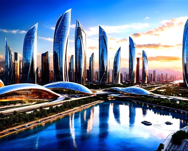 Futuristic cityscape with skyscrapers and sunset backdrop