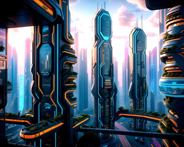 Futuristic cityscape with neon lights and greenery