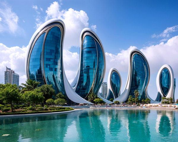 Futuristic Curved Skyscrapers with Reflective Glass Façade