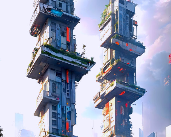 Futuristic skyscrapers with unique design and greenery