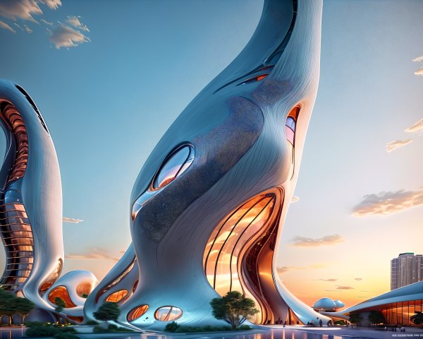 Futuristic architecture with organic shapes and sunset hues