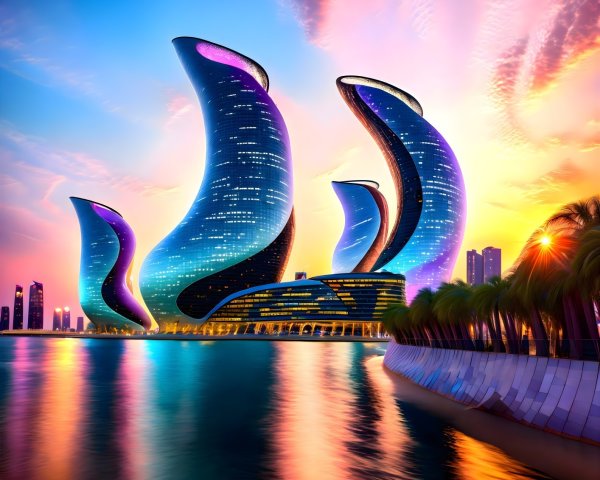 Futuristic Skyscrapers with Vibrant Sunset Reflections