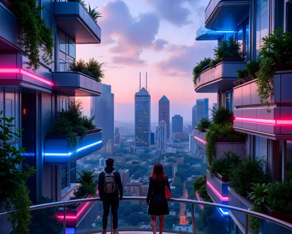 Futuristic Cityscape with Neon Lights at Dusk