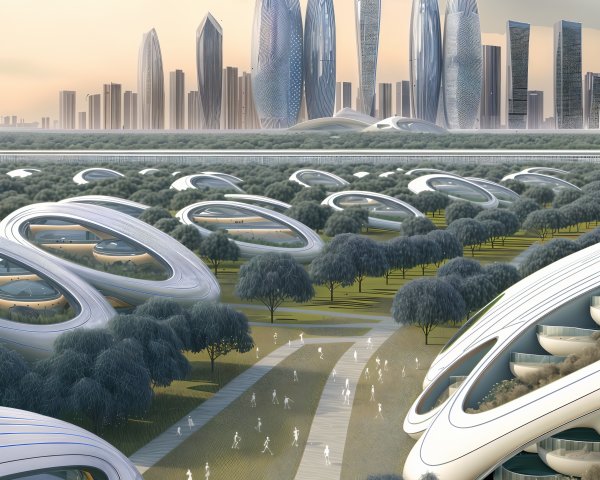 Futuristic Cityscape with Modern Architecture and Gardens