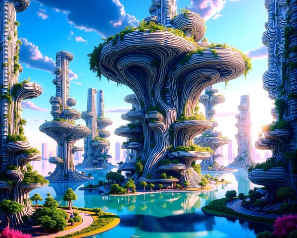 Futuristic Landscape with Spiral Structures and Water