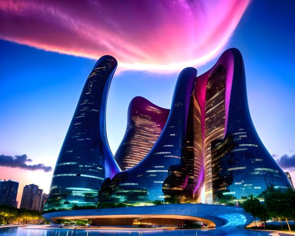 Futuristic skyline with curving skyscrapers at dusk