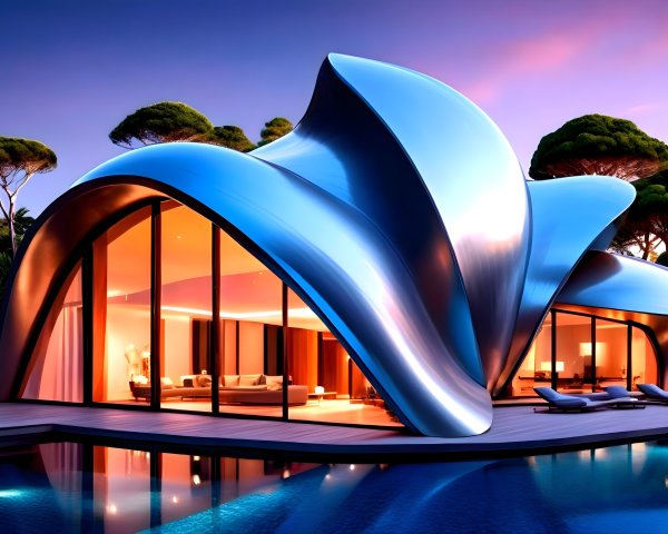 Modern Architecture with Metallic Curves and Glass Windows