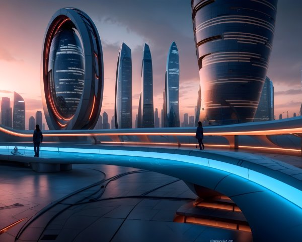 Futuristic cityscape at dusk with illuminated walkway
