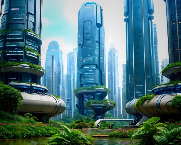 Futuristic cityscape with skyscrapers and greenery