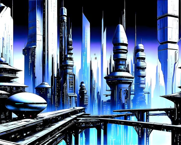 Futuristic cityscape with glass skyscrapers and walkways