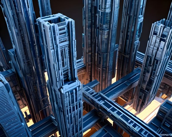 Futuristic cityscape with metallic geometric structures