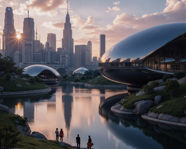Futuristic Cityscape with Oval Buildings and River View