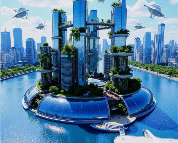 Futuristic city on circular island with glass skyscrapers