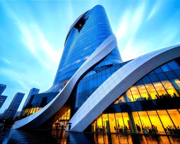 Modern Glass Office Building Architecture at Dusk