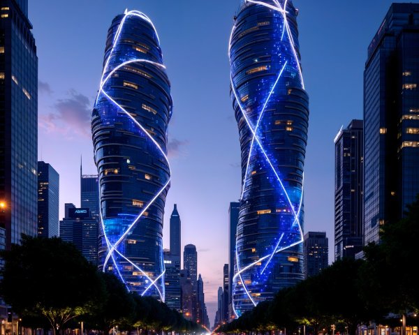 Modern Skyscrapers with Blue Lights in Cityscape