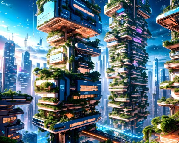 Futuristic cityscape with skyscrapers and greenery
