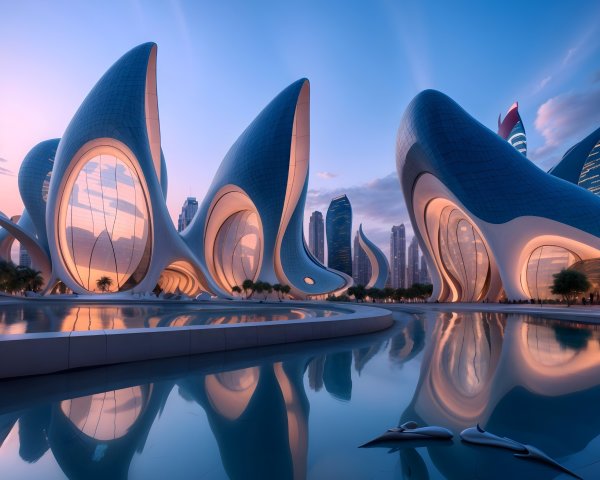 Futuristic Cityscape with Organic Architecture and Water