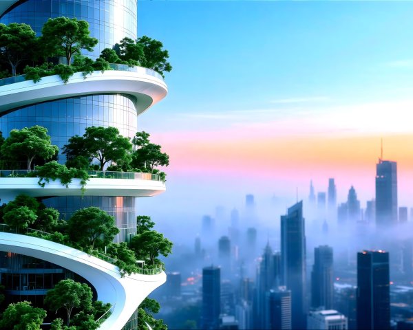 Futuristic White High-Rise with Green Terraces and Skyline