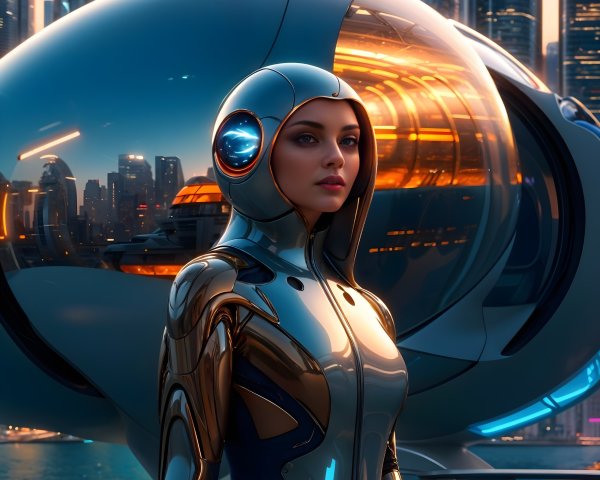 Futuristic Urban Landscape with Metallic Suit Figure
