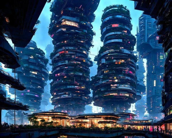 Futuristic cityscape with spiral structures and greenery