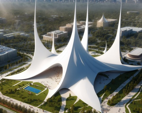 Futuristic Architectural Structure with Spires and Greenery