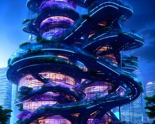 Futuristic Helical Skyscraper Design at Dusk