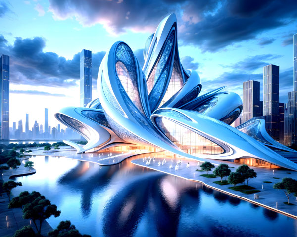 Futuristic Flower-Like Building by Waterfront at Sunset